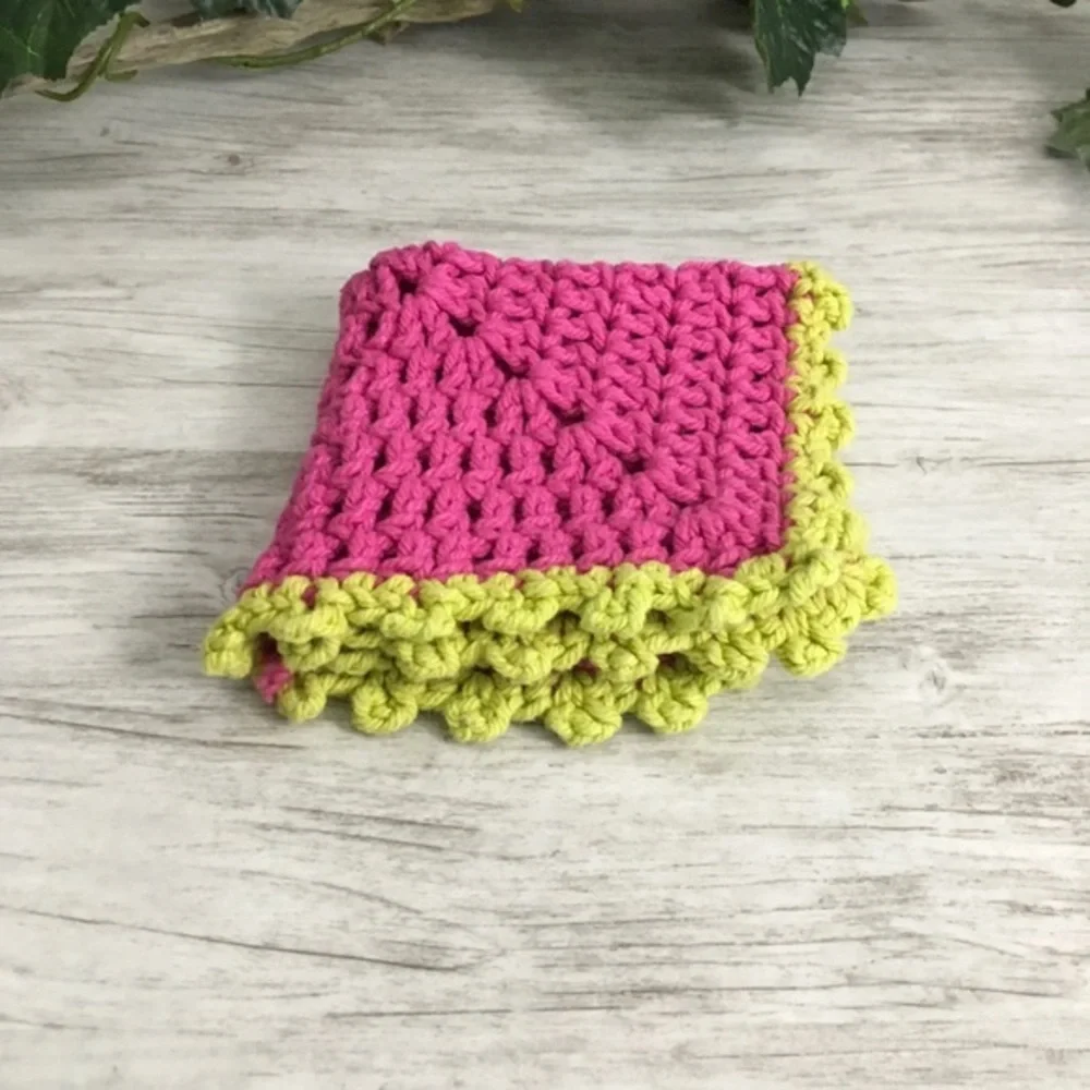 Handmade Cotton Crochet Wash Cloth Dish Rag Hot Pink Lime Green Bath Kitchen